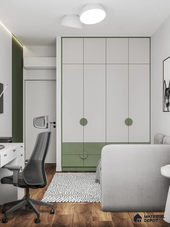 Scandinavian study room with sage green and white laminate wardrobe, wooden flooring, and minimalist desk | Material Depot