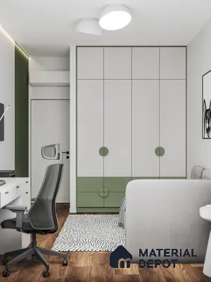 Scandinavian study room with sage green and white laminate wardrobe, wooden flooring, and minimalist desk | Material Depot