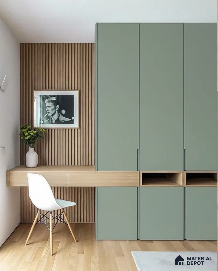 Scandinavian study room with sage green laminate wardrobe, natural wood louver wall, and light oak flooring | Material Depot