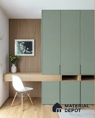 Scandinavian study room with sage green laminate wardrobe, natural wood louver wall, and light oak flooring | Material Depot