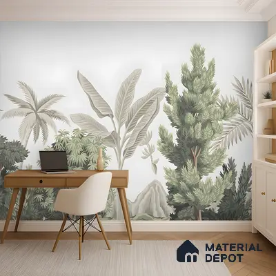 Scandinavian study room with tropical nature wallpaper and light wood desk in Bengaluru