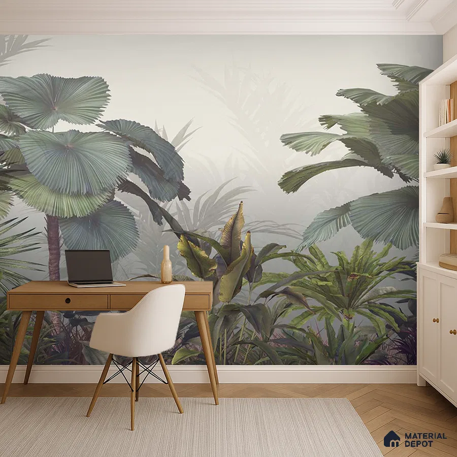 Scandinavian study room with tropical wallpaper and light wood desk in Bengaluru