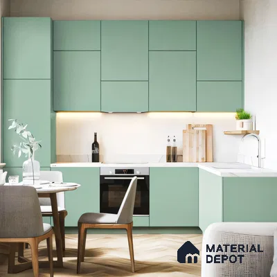 Scandinavian Style Kitchen with Mint Green Cabinetry | Material Depot