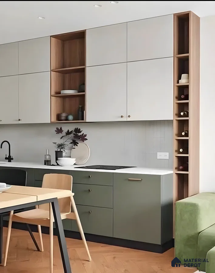 Scandinavian-Style Kitchen With Olive Base Cabinets And White Uppers | Material Depot