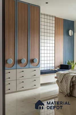 Scandinavian Wardrobe And Seating Nook With Wooden Laminates And Textured Wall Panels | Material Depot
