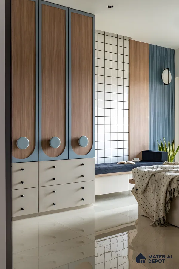 Scandinavian Wardrobe And Seating Nook With Wooden Laminates And Textured Wall Panels | Material Depot