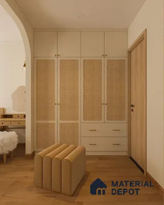 Scandinavian wardrobe with cane shutters and light oak wooden flooring | Material Depot