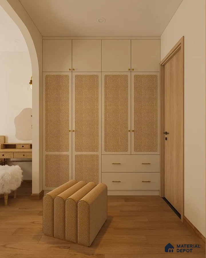 Scandinavian wardrobe with cane shutters and light oak wooden flooring | Material Depot