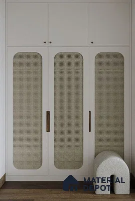 Scandinavian wardrobe with cane shutters and white laminate in bedroom | Material Depot