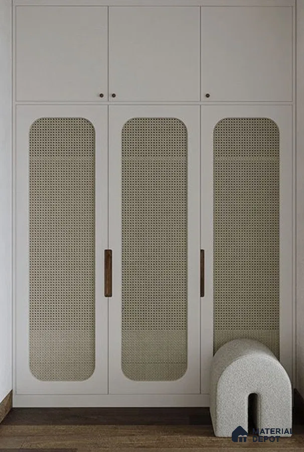 Scandinavian wardrobe with cane shutters and white laminate in bedroom | Material Depot