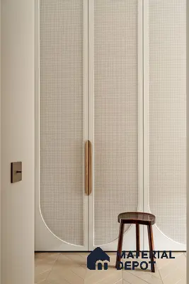 Scandinavian wardrobe with cane shutters, ivory laminate, and herringbone wood flooring | Material Depot