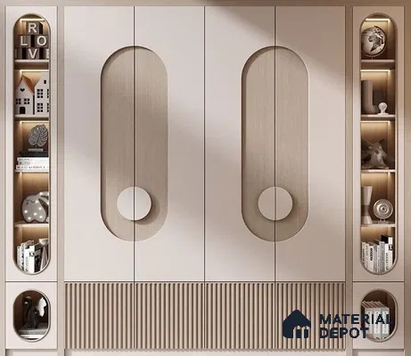 Scandinavian wardrobe with frosty white and light oak laminate, fluted panel detailing | Material Depot