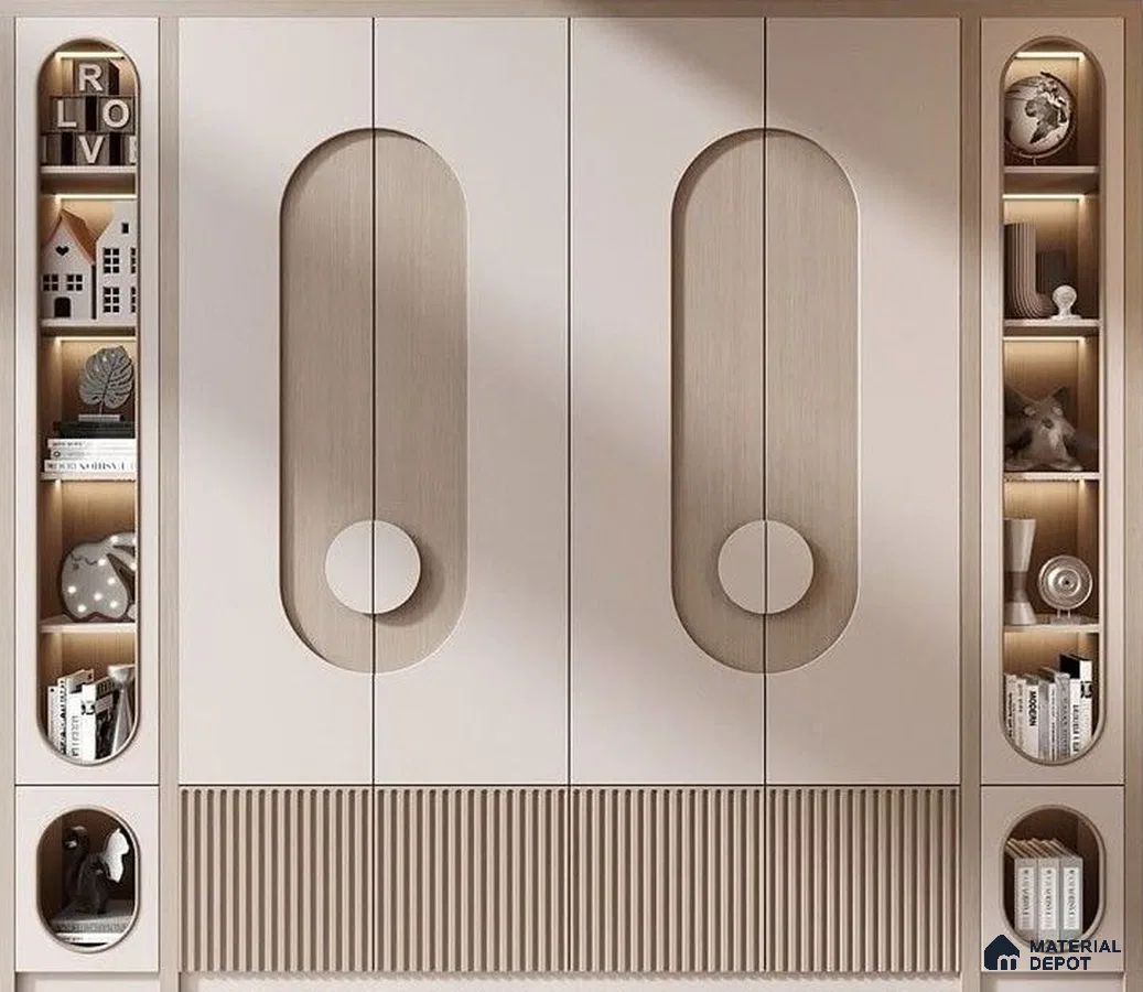 Scandinavian wardrobe with frosty white and light oak laminate, fluted panel detailing | Material Depot