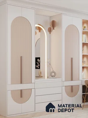 Scandinavian wardrobe with frosty white and nude beige fluted laminates and integrated vanity | Material Depot