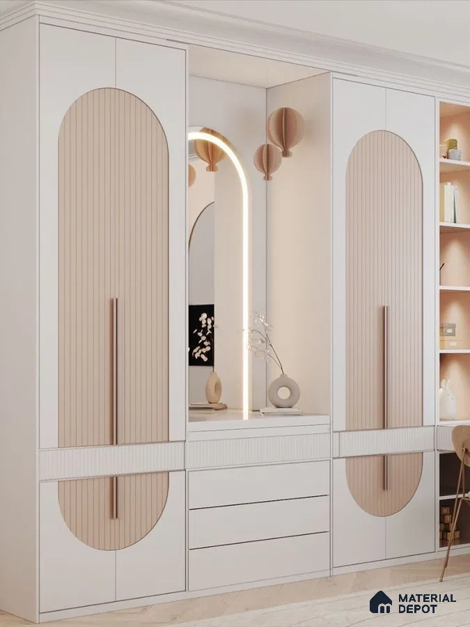 Scandinavian wardrobe with frosty white and nude beige fluted laminates and integrated vanity | Material Depot
