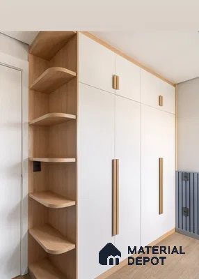 Scandinavian wardrobe with frosty white laminate and light oak wood laminate accents | Material Depot