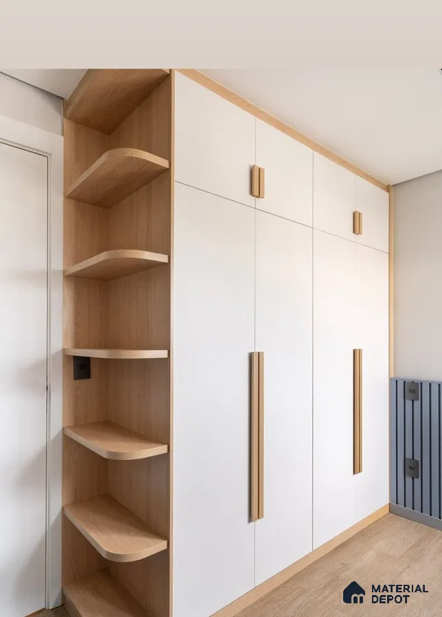Scandinavian wardrobe with frosty white laminate and light oak wood laminate accents | Material Depot