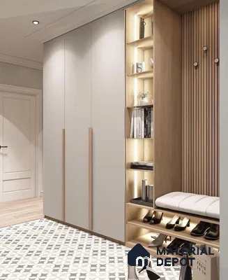 Scandinavian Wardrobe with frosty white laminate, light oak wood, and geometric patterned floor tiles | Material Depot