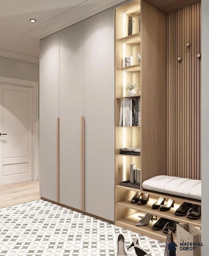 Scandinavian Wardrobe with frosty white laminate, light oak wood, and geometric patterned floor tiles | Material Depot