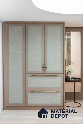 Scandinavian wardrobe with light oak frame and textured fabric laminate panels | Material Depot