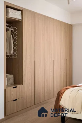 Scandinavian wardrobe with light oak wood laminate and minimalist built-in storage in bedroom | Material Depot