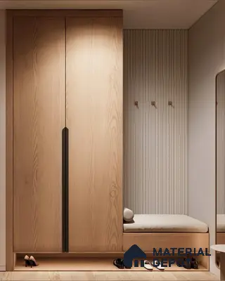 Scandinavian wardrobe with light oak wood laminate, fluted wall panels, and built-in bench seating | Material Depot
