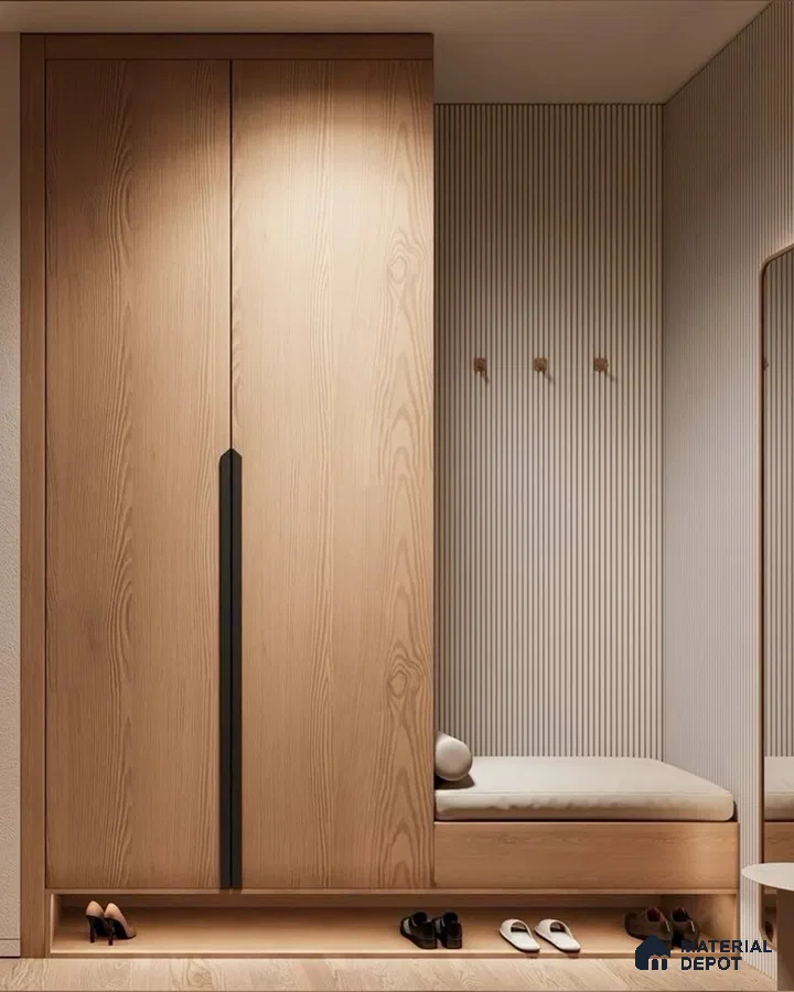 Scandinavian wardrobe with light oak wood laminate, fluted wall panels, and built-in bench seating | Material Depot