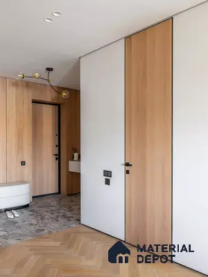 Scandinavian Wardrobe with light oak wood laminate wall panels and herringbone wooden flooring | Material Depot