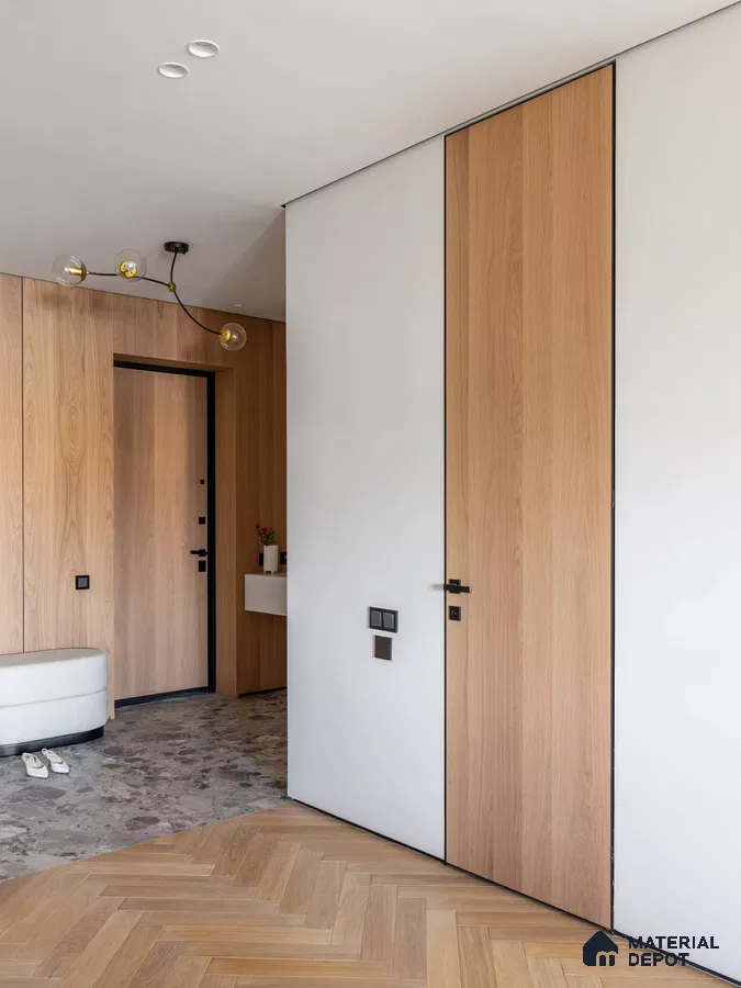 Scandinavian Wardrobe with light oak wood laminate wall panels and herringbone wooden flooring | Material Depot
