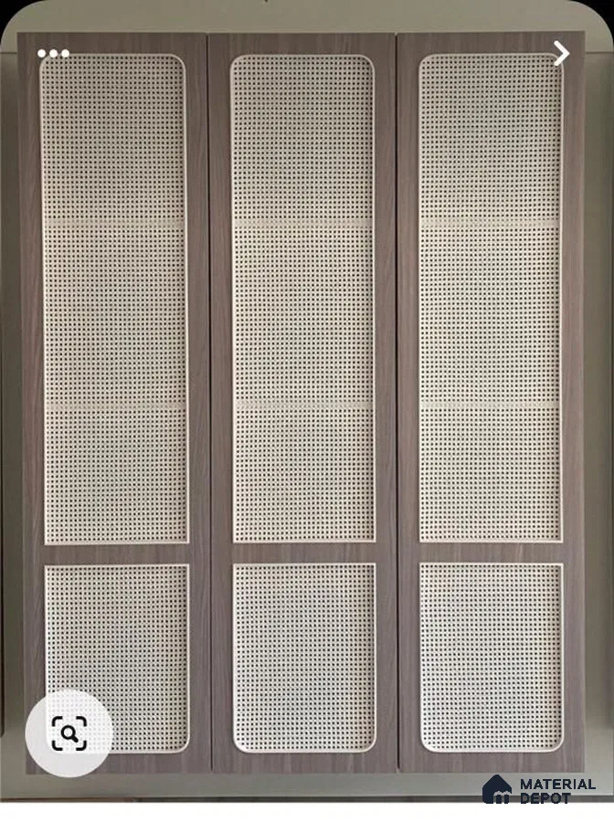 Scandinavian wardrobe with light wood laminate and cane webbing shutters | Material Depot