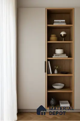 Scandinavian wardrobe with matte beige laminate shutters and natural oak open shelving | Material Depot