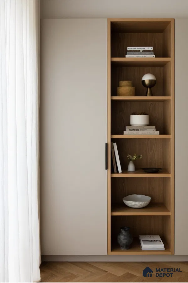Scandinavian wardrobe with matte beige laminate shutters and natural oak open shelving | Material Depot