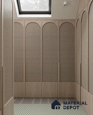 Scandinavian wardrobe with natural cane panel shutters and geometric patterned floor tile | Material Depot