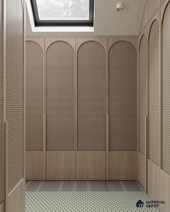 Scandinavian wardrobe with natural cane panel shutters and geometric patterned floor tile | Material Depot