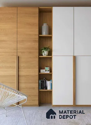 Scandinavian wardrobe with natural oak wood laminate and frosty white laminate shutters | Material Depot