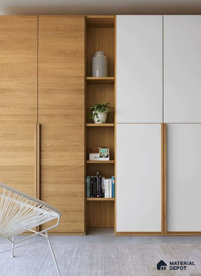 Scandinavian wardrobe with natural oak wood laminate and frosty white laminate shutters | Material Depot
