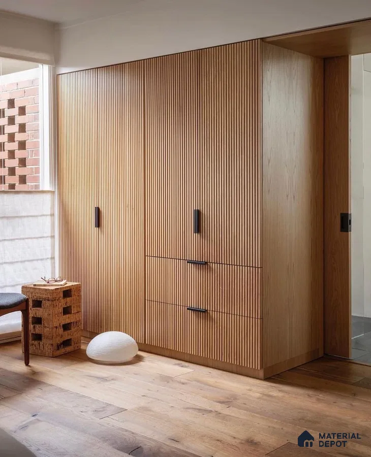 Scandinavian wardrobe with oak fluted laminate shutters and natural wood flooring | Material Depot