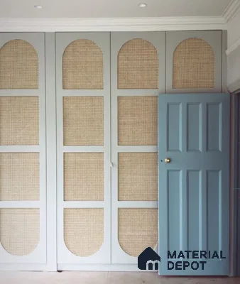 Scandinavian wardrobe with pastel blue frame and natural cane shutters | Material Depot