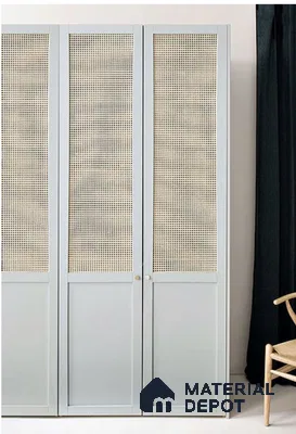 Scandinavian wardrobe with pastel blue laminate and natural cane panel shutters | Material Depot