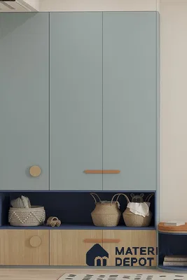 Scandinavian wardrobe with pastel blue laminate, natural wood laminate, and navy blue open shelf | Material Depot