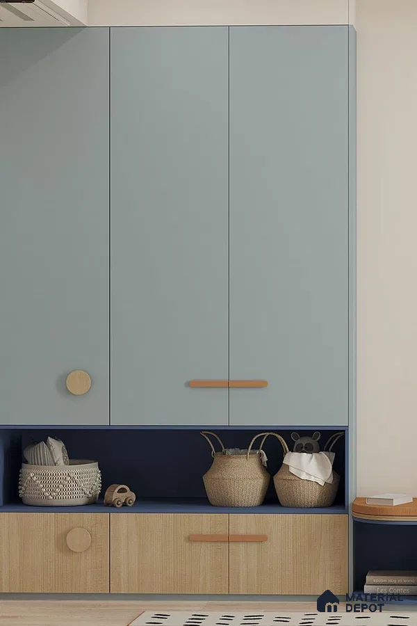 Scandinavian wardrobe with pastel blue laminate, natural wood laminate, and navy blue open shelf | Material Depot