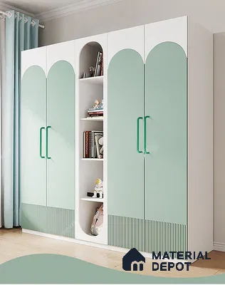 Scandinavian wardrobe with pastel green and white laminate, fluted detailing | Material Depot