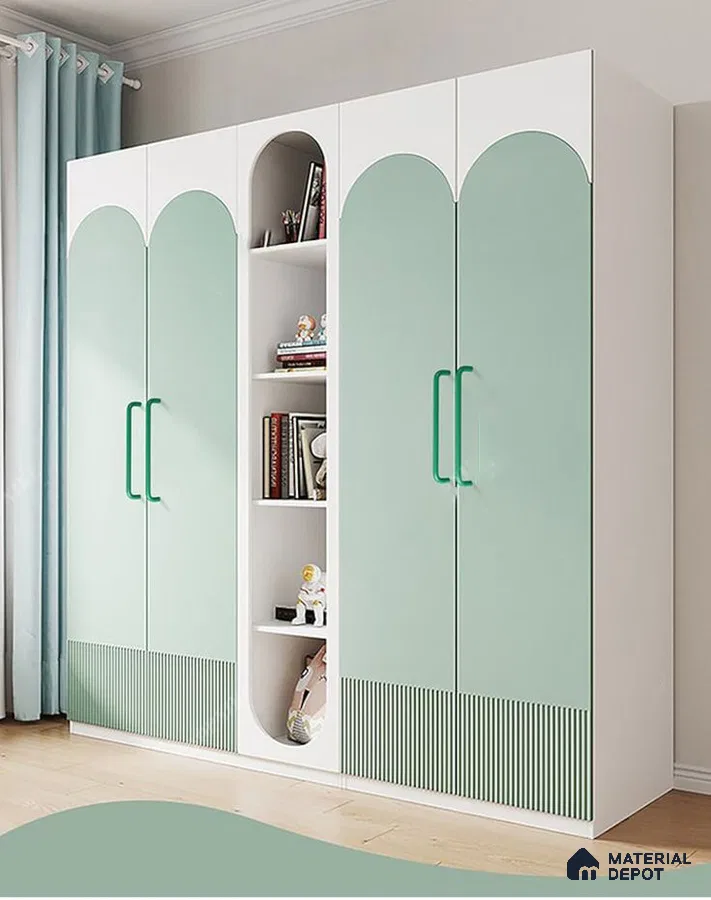 Scandinavian wardrobe with pastel green and white laminate, fluted detailing | Material Depot