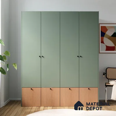 Scandinavian wardrobe with sage green laminate and light oak laminate in bedroom | Material Depot