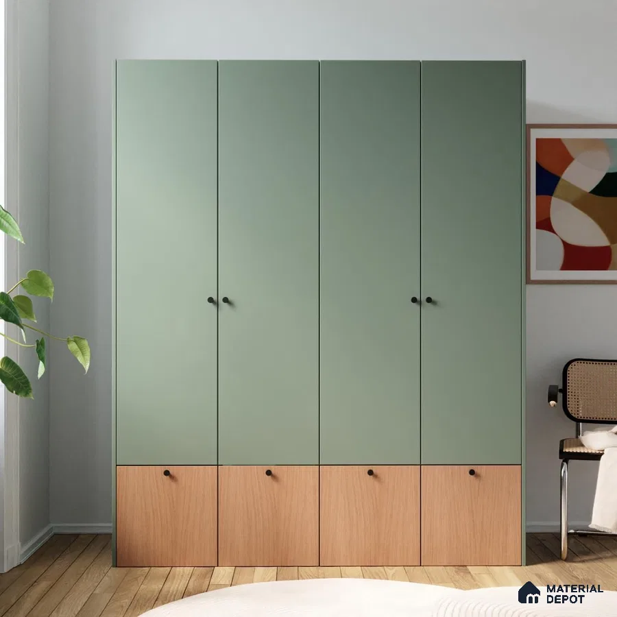 Scandinavian wardrobe with sage green laminate and light oak laminate in bedroom | Material Depot