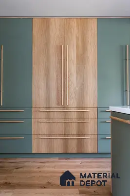 Scandinavian Wardrobe with sage green laminate, fluted natural wood panels, and oak wooden flooring | Material Depot