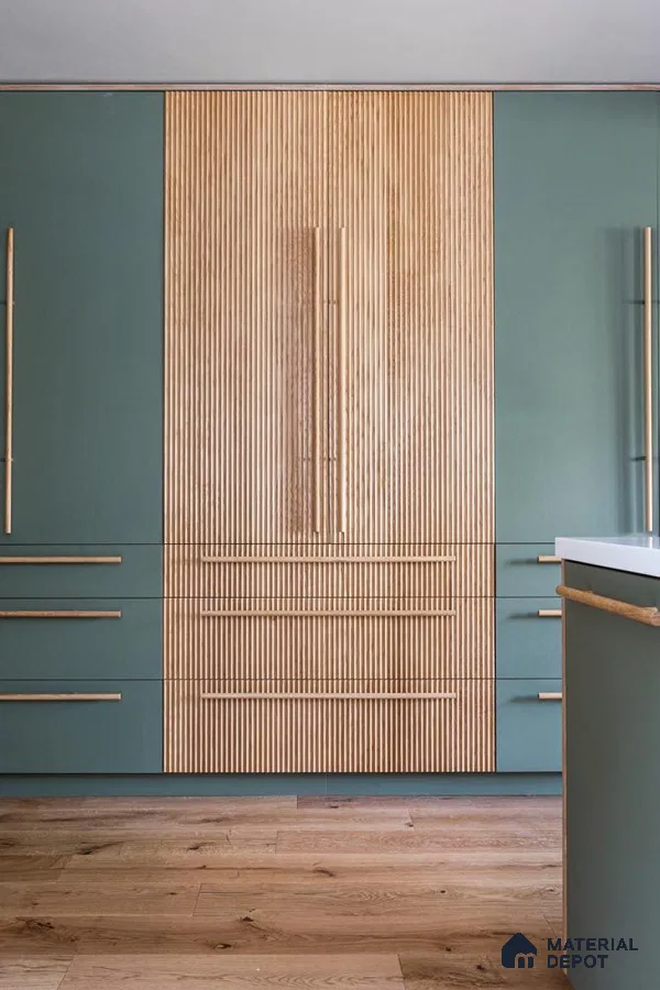 Scandinavian Wardrobe with sage green laminate, fluted natural wood panels, and oak wooden flooring | Material Depot