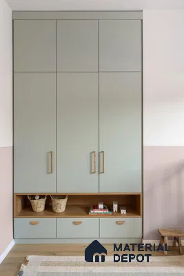 Scandinavian wardrobe with sage green laminate shutters and natural oak laminate open shelf | Material Depot