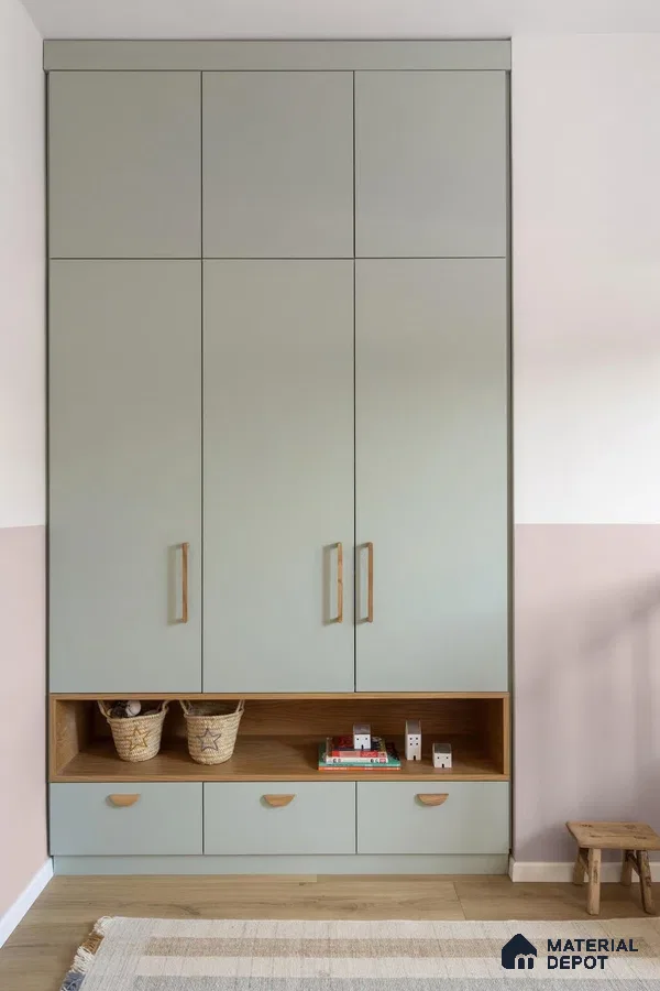 Scandinavian wardrobe with sage green laminate shutters and natural oak laminate open shelf | Material Depot
