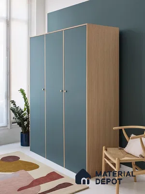 Scandinavian wardrobe with teal solid color laminate and light oak wood finish | Material Depot